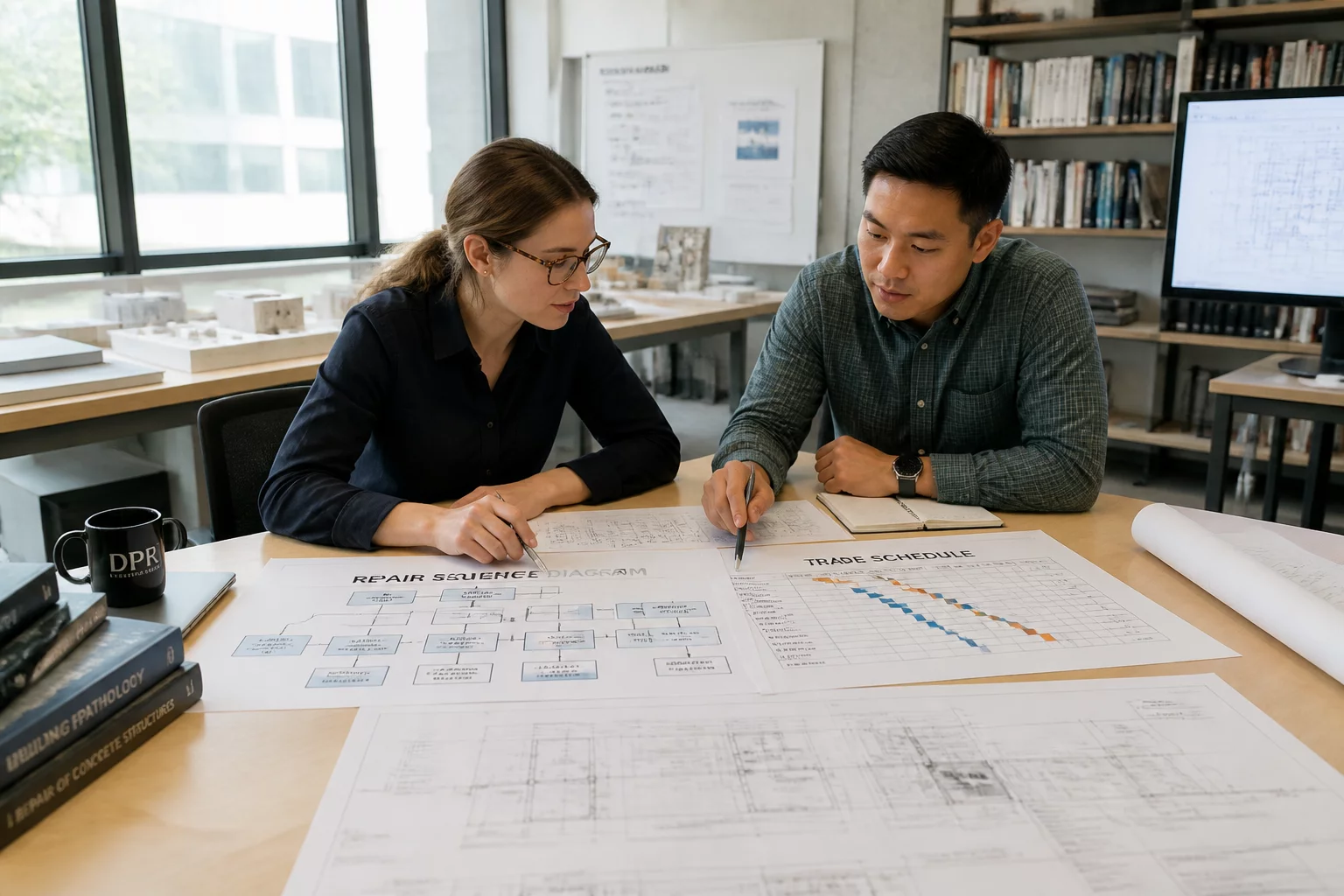 Trade analysts mapping task dependencies on digital boards