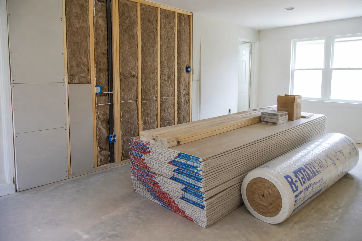 New building materials staged next to wall awaiting reinstallation sequence
