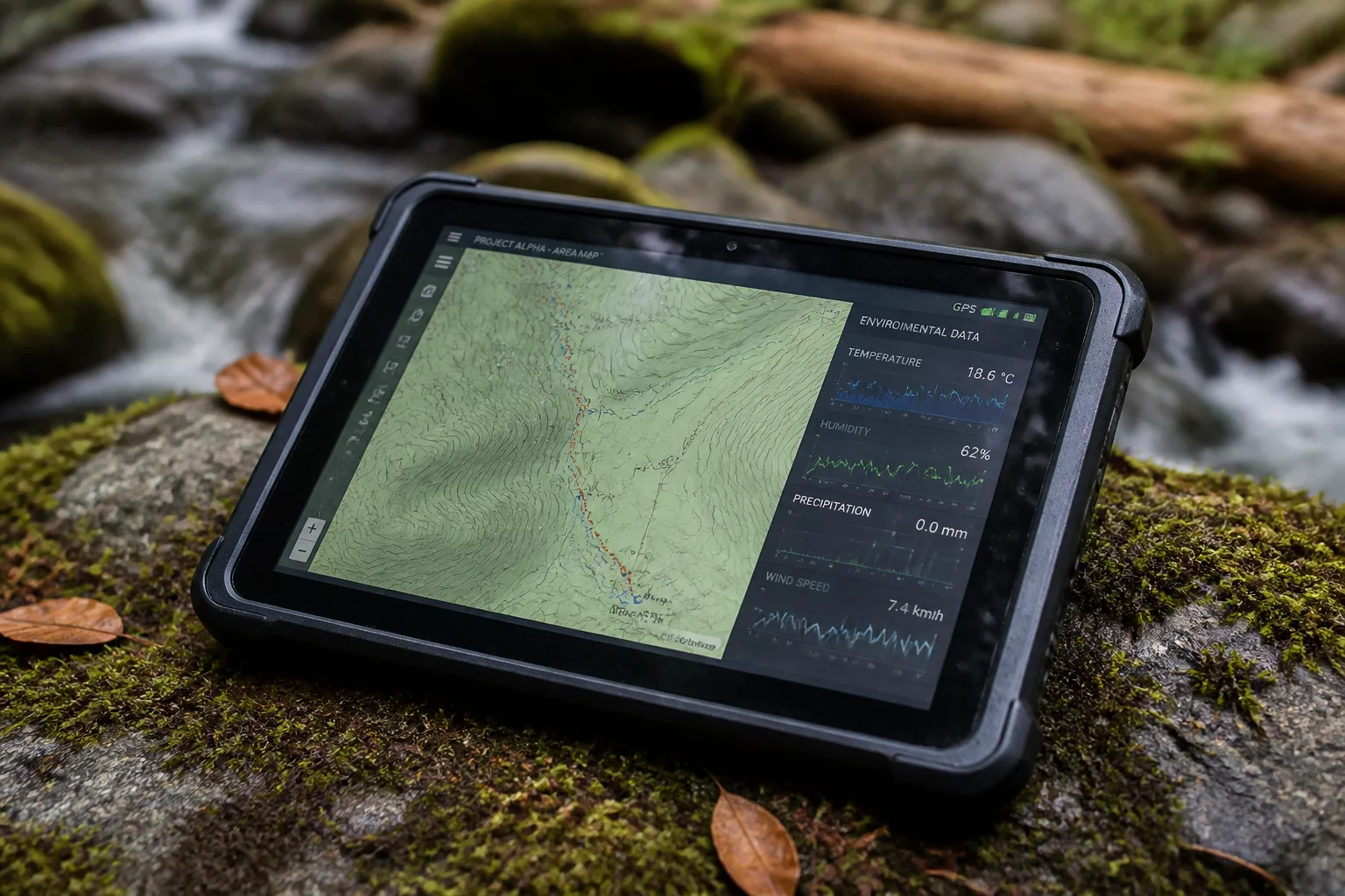 Digital tablet displaying topographical maps and environmental data for EcoSite IQ ecological restoration